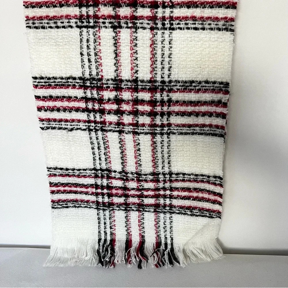 Chico's Scarf Red Cream Black Plaid Acrylic Metallic Oblong Comfy Soft - Picture 3 of 5